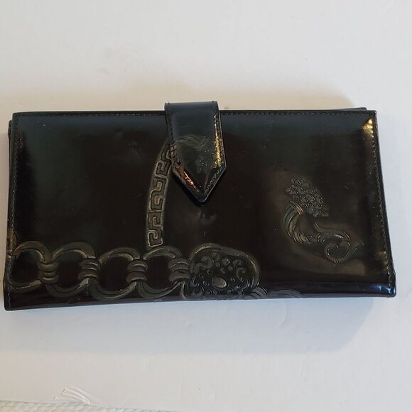 Vintage Italian Leather Wallet with Chain Rope Black Flowers and Balls Design - Picture 1 of 8